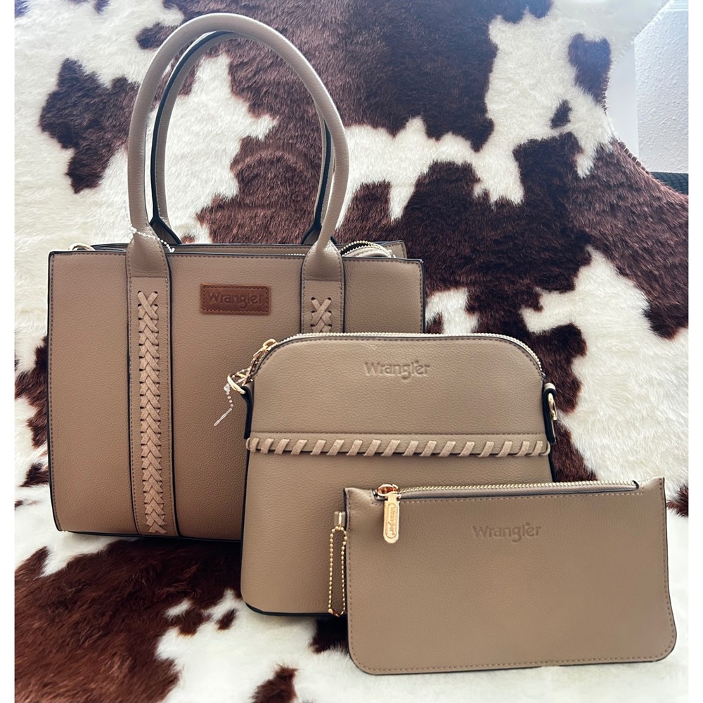 Wrangler 3 Piece Handbag Set Tan Faux Leather Tote Crossbody Wristlet